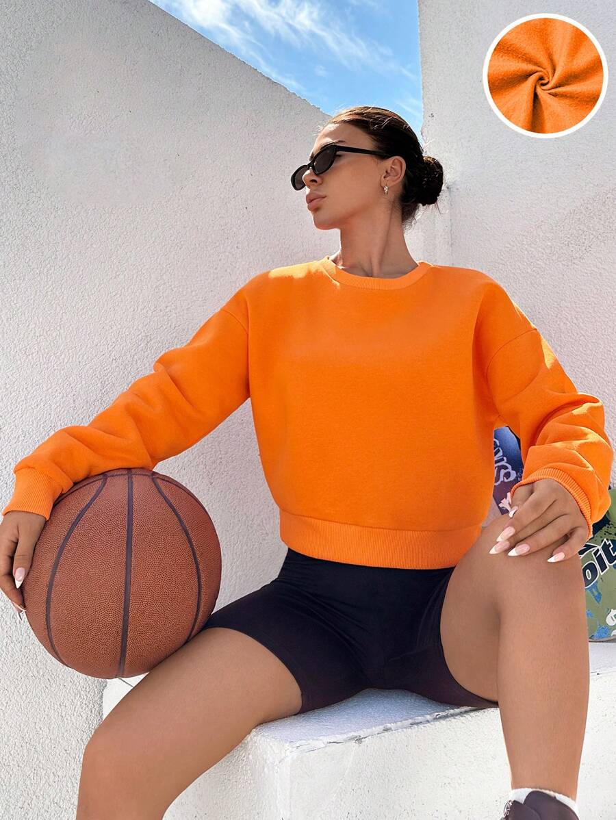 EURMUSE Solid Drop Shoulder Sweatshirt - Orange - View 1