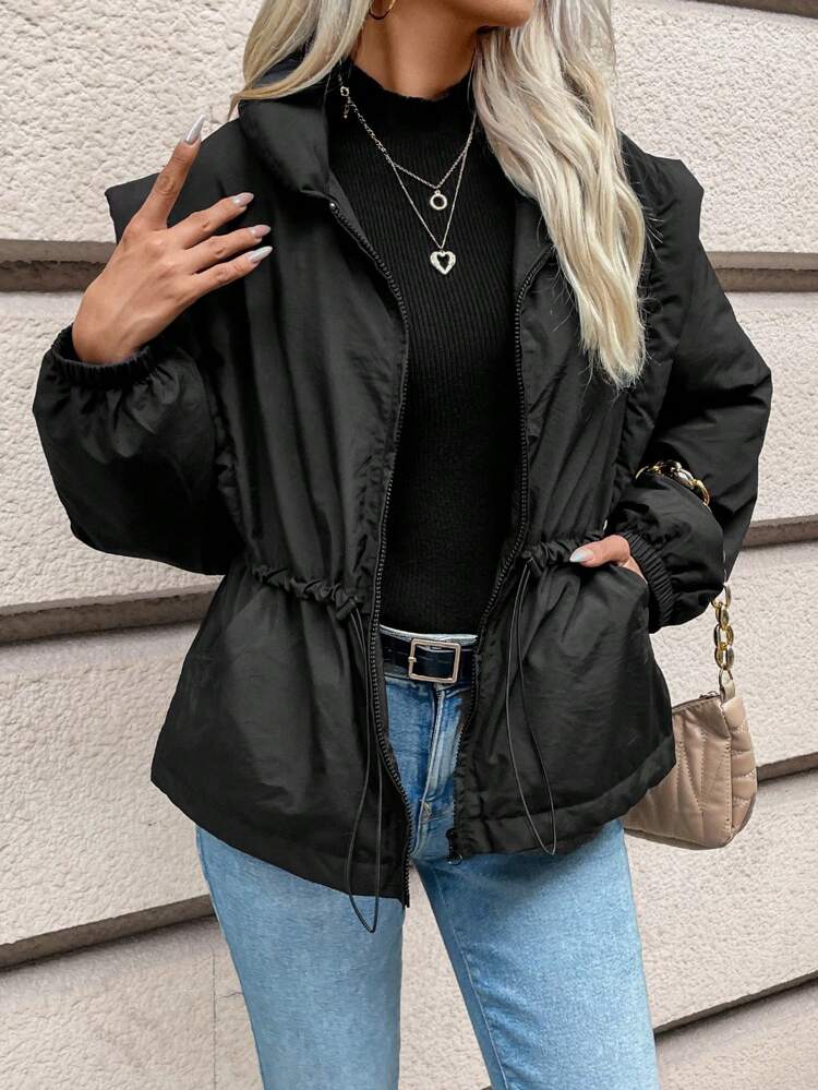 Women's Drawstring Waist Zipper Front Padded Coat Winter Black Casual