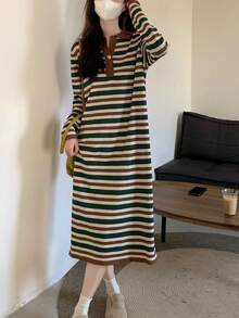 Striped Drop Shoulder Sweater Dress - Multicolor - View 3