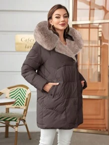 HaiLuoZi Women's Winter Long Sleeve Pockets Casual Fluffy Collar Double Breasted Padded Coat - Mocha Brown - View 3