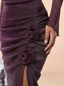 Asymmetrical Neck Shiny Long Sleeve 3D Floral Pleated Slit Party Dress - Purple - View 4