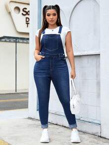 SHEIN EZwear Women's Plus Size Slim Fit Denim Overalls With Pockets - Dark Wash - View 3