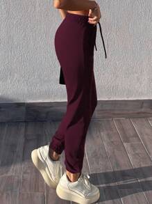 RueChic Elastic Waist Drawstring Jogger Pants With Side Pockets - Rust Brown - View 4