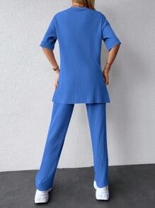 EURMUSE Cutout Ribbed Top And Split Hem Pants Set - Blue - View 2