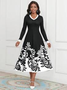 SHEIN Lady Plants Print Contrast Trim Dress - Black and White - View 1