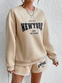 SHEIN Unity Women'S Letter Print Drop Shoulder Sweatshirt And Shorts Two-Piece Set - Khaki - View 6