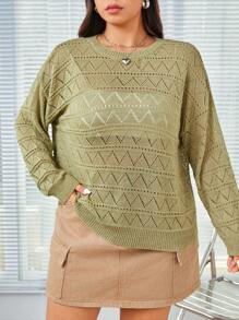 SHEIN EZwear 大尺寸純色落肩毛衣 - 綠色 - 查看 1