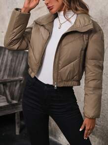 SHEIN LUNE Quilted Puffer Jacket With Diagonal Pockets And Zipper Front Fall Cloth For Women