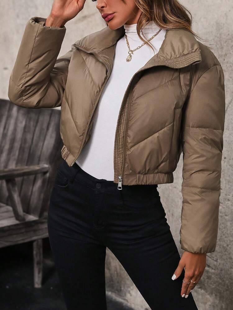 Quilted Puffer Jacket With Diagonal Pockets And Zipper Front Fall Cloth For Women