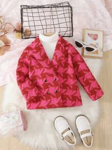 SHEIN Girls' Houndstooth Pattern Coat - Hot Pink - View 3