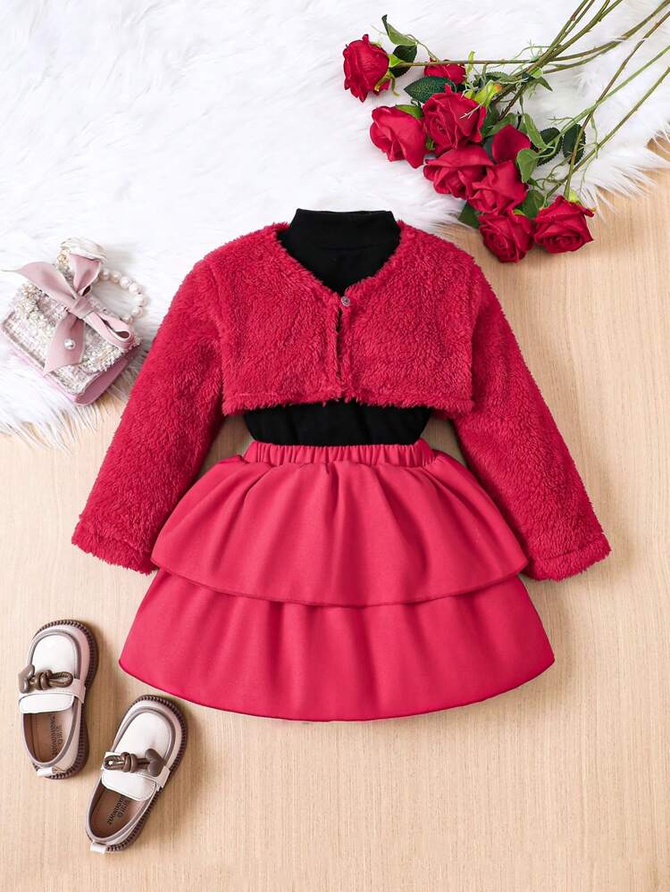 Young Girl Mock Neck Tee & Two Layer Hem Skirt & Fuzzy Jacket
