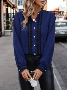 SHEIN Clasi Patchwork Lace Shirt - Navy Blue - View 4