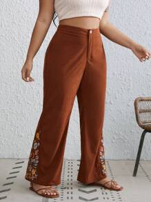 SHEIN VCAY Plus Floral Embroidery Flare Leg Pants - Brown - View 3