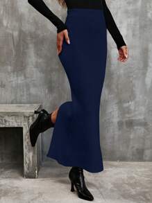 Chiquease Knitted Ribbed Stretchy Slit Back Hem Bodycon Skirt - Navy Blue - View 6