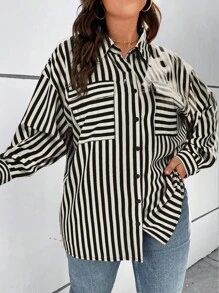 Flirla Plus Size Striped Printed Drop Shoulder Shirt - Black and White - View 3