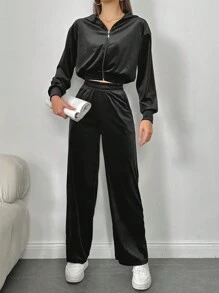 EURMUSE Drop Shoulder Hooded Crop Jacket & Wide Leg Pants - Black - View 3