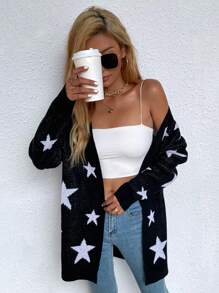 SHEIN Essnce Của phụ nữ Hình sao Áo len Mở Với Mở Mặt trước - Đen và trắng - Xem 4