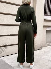 SHEIN Frenchy 拉鏈開襟腰帶闊腿連體褲 - 綠色 - 查看 2