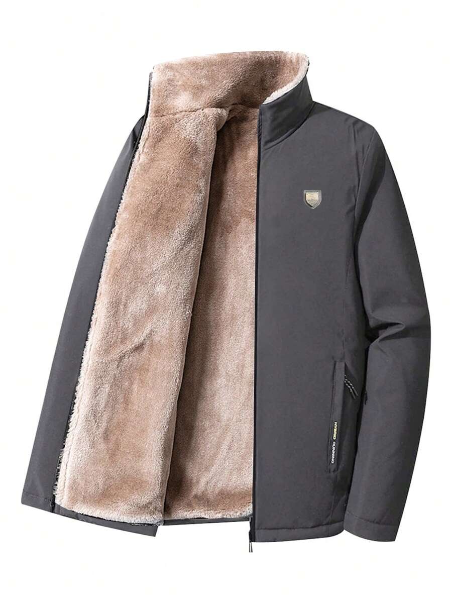 Manfinity Homme Áo khoác gió ngoài trời dáng rộng giữ nhiệt cho nam, khóa kéo, có miếng vá chữ và họa tiết đồ họa, áo khoác ấm áp khi đi chơi, áo khoác dài tay màu xám nhạt, quà tặng cho bạn bè, chồng, bạn trai - Xám - Xem 1