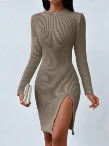 EURMUSE Split Thigh Sweater Dress - Apricot - View 3
