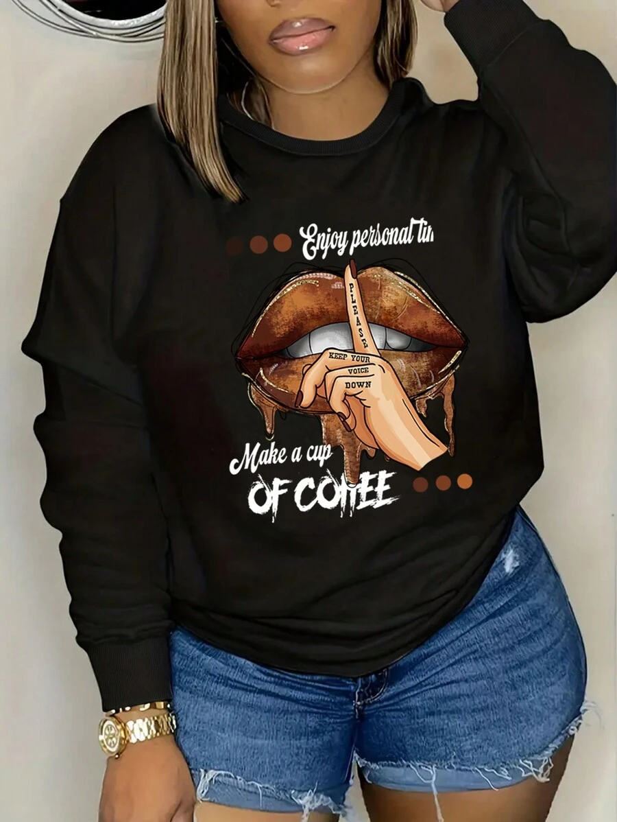 SHEIN EZwear 女裝加大尺碼字母印花黑色運動衫 - 黑色 - 查看 1