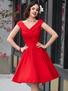 MUXXN Đầm xòe dáng chữ A cổ chữ V phong cách retro thập niên 1950, thích hợp cho tiệc cocktail mùa hè, thanh lịch. - Đỏ - Xem 5