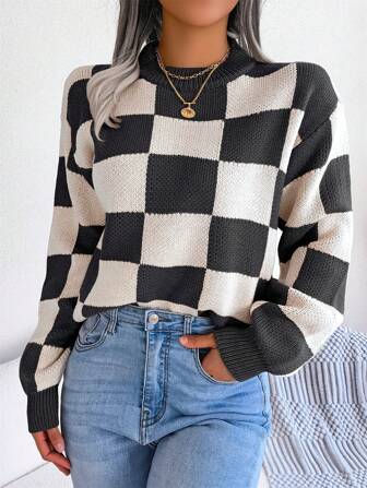 New Autumn/Winter Street Style Colorblock Checkered Pattern Crew Neck Long Sleeve Knit Sweater For Women