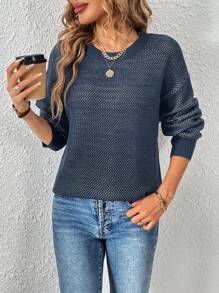 Chiquease 素色落肩袖套頭毛衣 - 藏蓝色 - 查看 5