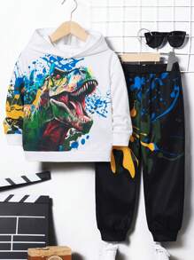 SHEIN 男童休閒舒適趣味恐龍圖案連帽衛衣加上色彩噴繪圖案針織長褲套裝 - 白色 - 查看 1