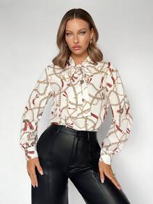 BizChic Camisa Con Estampado De Cadenas Y Lazo En La Parte Delantera Para Mujer - Blanco - Ver 4