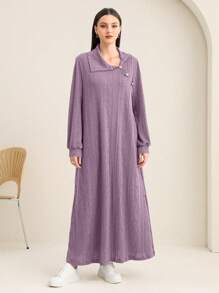Mulvari Arabic Style Asymmetrical Neckline Button Decoration Dress - Purple - View 1