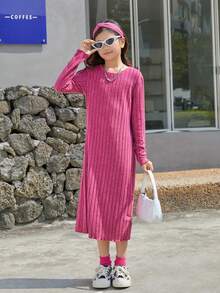 Girls' Solid Color Round Neck Dress With Hair Tie - Hot Pink - View 5