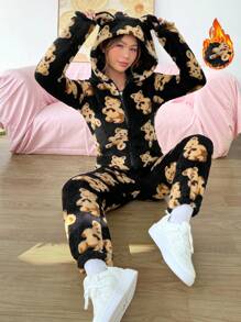 SHEIN EZwear Bear Print Zip Up Hooded Jumpsuit - Black - View 1