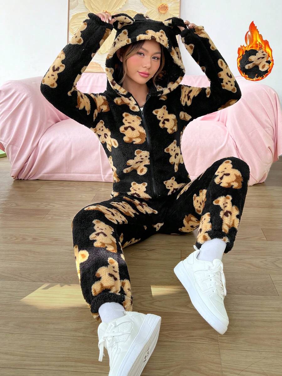 SHEIN EZwear Bear Print Zip Up Hooded Jumpsuit - Black - View 1