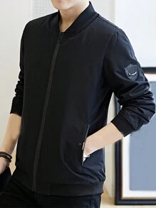 男裝簡約時尚袖貼標籤飛行外套 - 黑色 - 查看 4