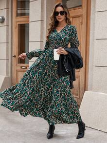 SHEIN Clasi Women's Printed Waist Ruched Pleated Dress - Green - View 4