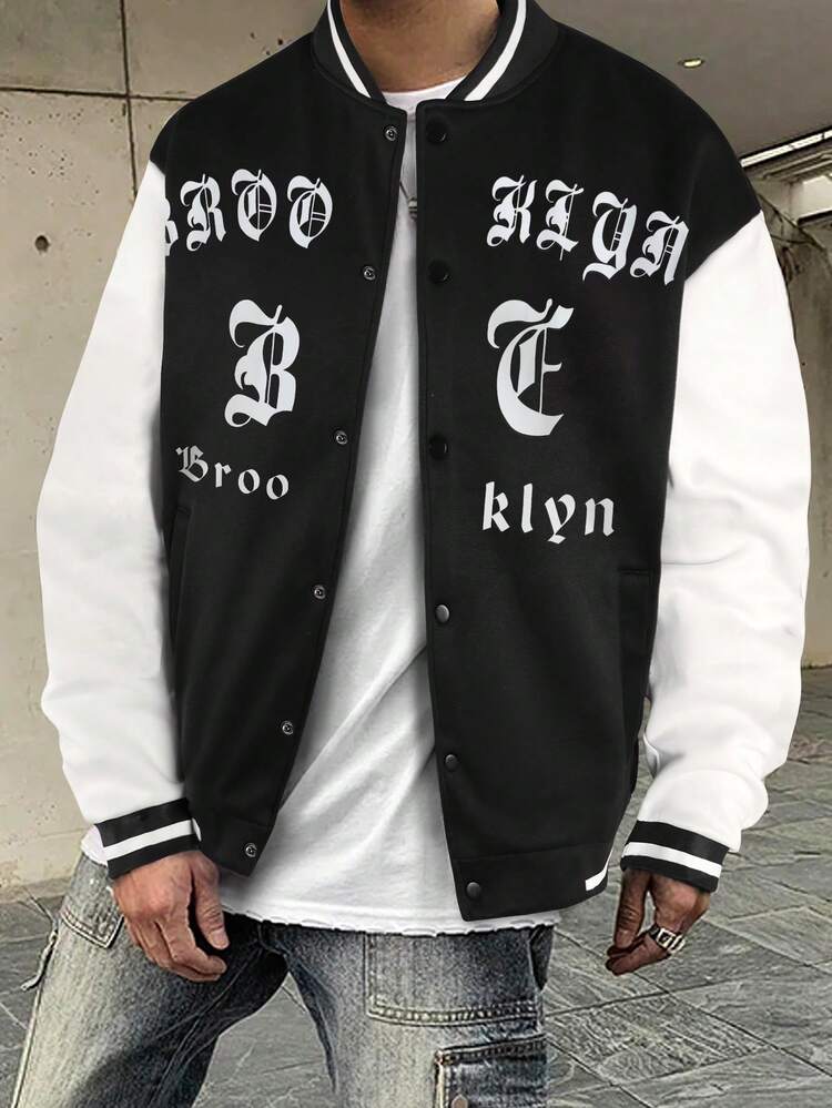 Loose Fit Men's Colorblock Letter Print Baseball Jacket