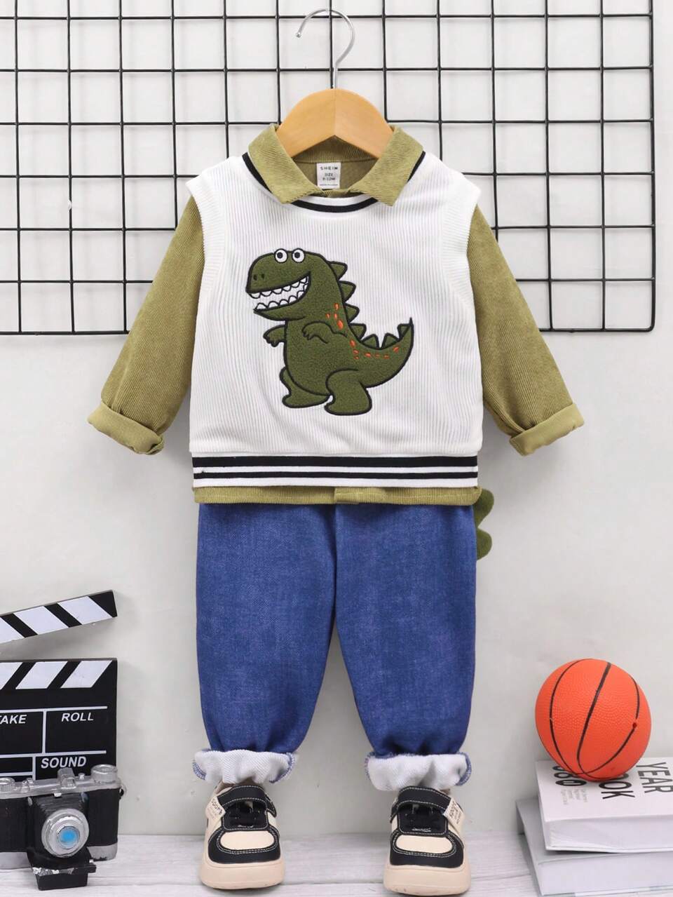 3pcs Toddler Boys' Dinosaur Print Vest, Green Long Sleeve Shirt & Denim Pants Set