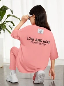 SHEIN Tween Girl Slogan Graphic Drop Shoulder Tee & Flare Leg Pants - Pink - View 6