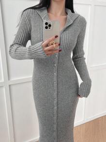 DAZY Ladies' Solid Color Single Breasted Woolen Knitted Dress Sweater Dress - Grey - View 7