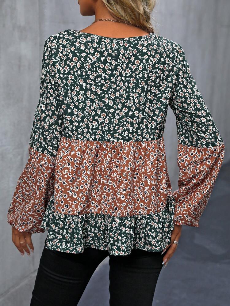 Women's Lantern Sleeve Shirt With Ditsy Floral Print And Color Contrast Fall Cloth For Women
