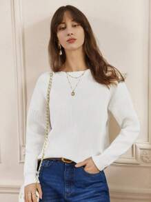 SHEIN Frenchy Solid Color Drop Shoulder Sweater Winter White Casual - White - View 3