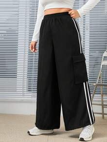 SHEIN EZwear Plus Contrast Tape Side Drawstring Hem Pants - Black - View 4