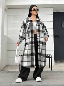 SHEIN EZwear 大尺碼女士黑白格紋編織羊毛外套 - 黑與白 - 查看 3