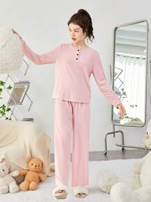 SHEIN Teen Girl Half Button Tee & Wide Leg Pants PJ Set - Pink - View 5