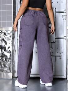 SHEIN ICON 大码翻盖口袋男友风牛仔裤 - 紫色 - 查看 2