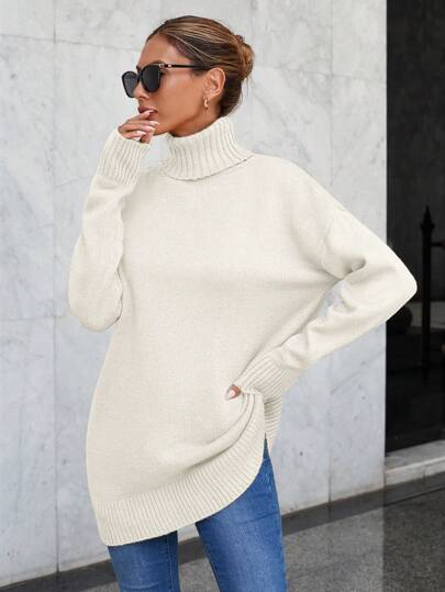EURMUSE Solid Color High Neck Drop Shoulder Sweater