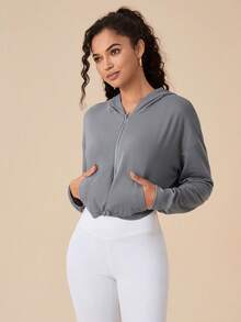 Daily&Casual Thả vai áo có mũ Jacket thể thao - Xám - Xem 6