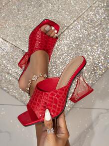 Women's Red Fashionable Versatile High-heeled Mules And Slippers With Transparent Heels For Summer Outdoors - Red - View 1
