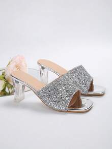 Phong cách mới Của phụ nữ Dép đi trong nhà , Mùa hè Mặc Thấp Gót chân Pha lê Dép xăng đan Với Sáng bóng Dây đai - Bạc - Xem 7